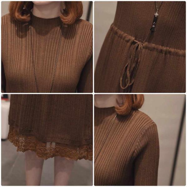レディース　ワンピース　ニット　無地　ウエストリボン　レース　ミモレ丈　長袖　秋冬　カジュアル　大人可愛い　フェミニン　オフィス　お出かけ　デート　デイリー　ブラック　ブラウン　ベージュ　フリーサイズ　送料無料