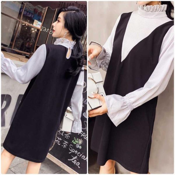 レディース　ツーピース　トップス＆ジャンスカ　チェック　無地　長袖　ミディ丈　カジュアル　大人可愛い　フェミニン　オフィス　お出かけ　デート　デイリー　ブラック　フリーサイズ　送料無料