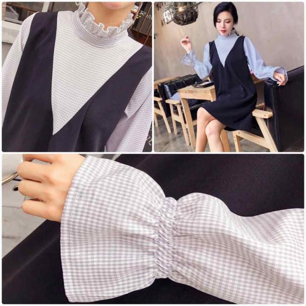 レディース　ツーピース　トップス＆ジャンスカ　チェック　無地　長袖　ミディ丈　カジュアル　大人可愛い　フェミニン　オフィス　お出かけ　デート　デイリー　ブラック　フリーサイズ　送料無料