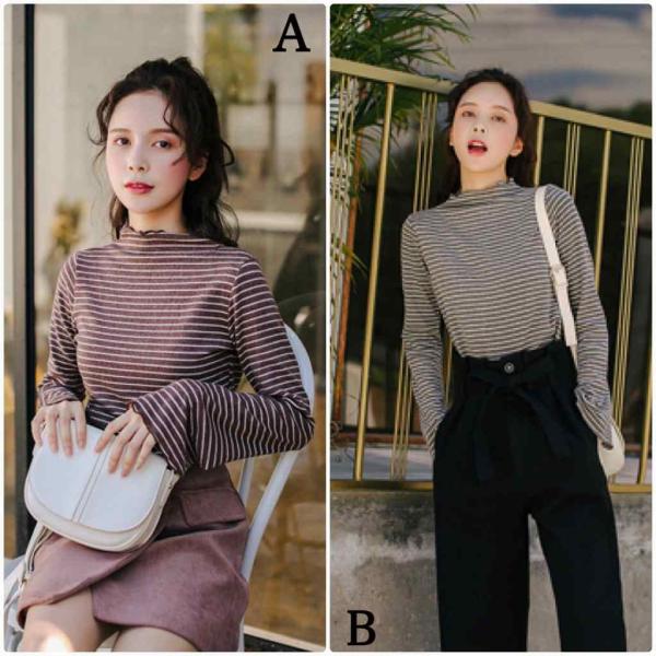 レディース　トップス　カットソー　ボーダー　ラウンドネック　ラッパ袖　長袖　カジュアル　大人可愛い　フェミニン　オフィス　お出かけ　デート　デイリー　ブラウン　グレー　ワンサイズ　送料無料