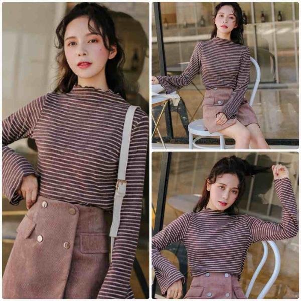 レディース　トップス　カットソー　ボーダー　ラウンドネック　ラッパ袖　長袖　カジュアル　大人可愛い　フェミニン　オフィス　お出かけ　デート　デイリー　ブラウン　グレー　ワンサイズ　送料無料