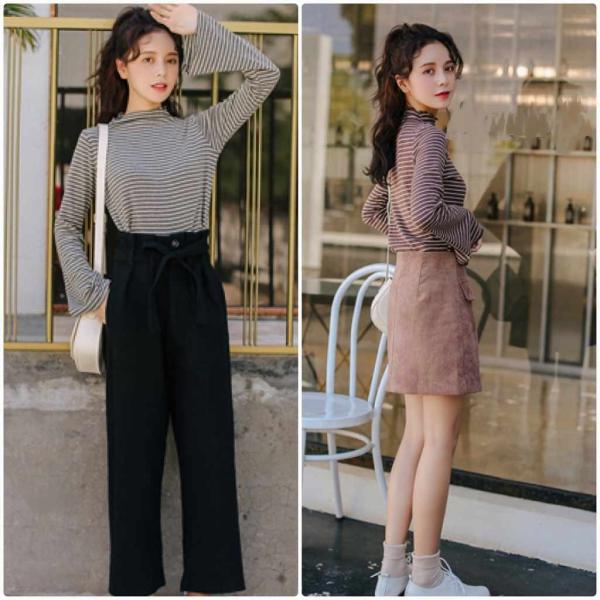 レディース　トップス　カットソー　ボーダー　ラウンドネック　ラッパ袖　長袖　カジュアル　大人可愛い　フェミニン　オフィス　お出かけ　デート　デイリー　ブラウン　グレー　ワンサイズ　送料無料