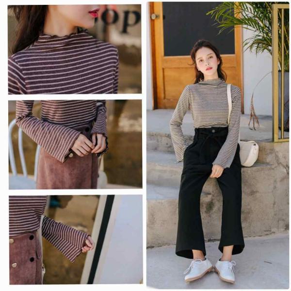 レディース　トップス　カットソー　ボーダー　ラウンドネック　ラッパ袖　長袖　カジュアル　大人可愛い　フェミニン　オフィス　お出かけ　デート　デイリー　ブラウン　グレー　ワンサイズ　送料無料