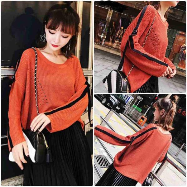 レディース　トップス　セーター　ニット　無地　長袖　ラウンドネック　袖ライン　カジュアル　大人可愛い　フェミニン　オフィス　お出かけ　デート　デイリー　オレンジ　フリーサイズ　送料無料