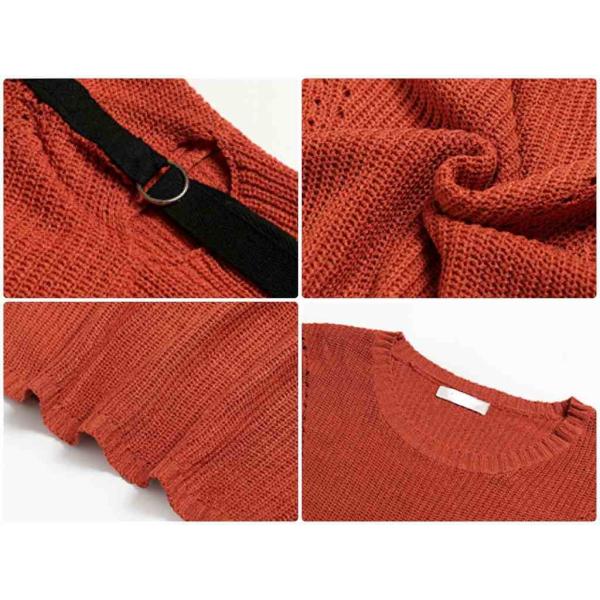 レディース　トップス　セーター　ニット　無地　長袖　ラウンドネック　袖ライン　カジュアル　大人可愛い　フェミニン　オフィス　お出かけ　デート　デイリー　オレンジ　フリーサイズ　送料無料