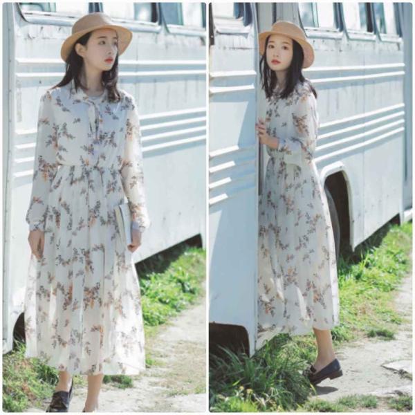 レディース　シフォン　ワンピース　花柄　総柄　フレア　長袖　カジュアル　大人可愛い　フェミニン　オフィス　お出かけ　デート　デイリー　ホワイト　S　M　L　XL　送料無料