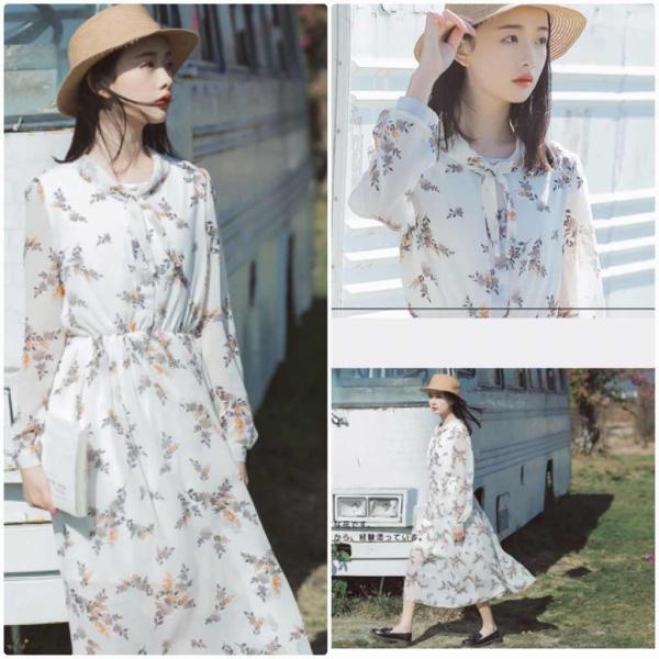 レディース　シフォン　ワンピース　花柄　総柄　フレア　長袖　カジュアル　大人可愛い　フェミニン　オフィス　お出かけ　デート　デイリー　ホワイト　S　M　L　XL　送料無料