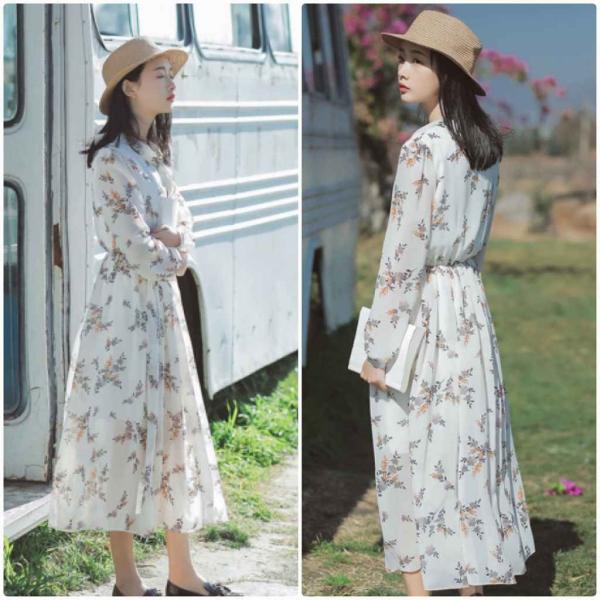 レディース　シフォン　ワンピース　花柄　総柄　フレア　長袖　カジュアル　大人可愛い　フェミニン　オフィス　お出かけ　デート　デイリー　ホワイト　S　M　L　XL　送料無料