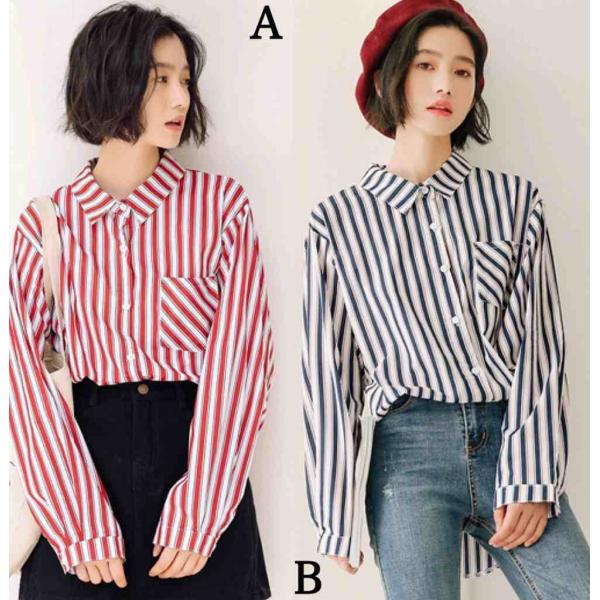 レディース　ブラウス　ストライプ柄　長袖　ゆったり　オーバーサイズ　トップス　カジュアル　キュート　可愛い　フェミニン　きれいめ　上品　エレガント　おしゃれ　お出かけ　オフィス　デート　デイリー　ネイビー　レッド　フリーサイズ　ワンサイズ　送料無料