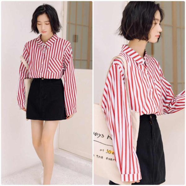 レディース　ブラウス　ストライプ柄　長袖　ゆったり　オーバーサイズ　トップス　カジュアル　キュート　可愛い　フェミニン　きれいめ　上品　エレガント　おしゃれ　お出かけ　オフィス　デート　デイリー　ネイビー　レッド　フリーサイズ　ワンサイズ　送料無料