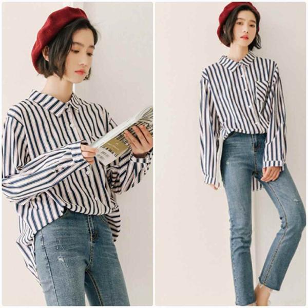 レディース　ブラウス　ストライプ柄　長袖　ゆったり　オーバーサイズ　トップス　カジュアル　キュート　可愛い　フェミニン　きれいめ　上品　エレガント　おしゃれ　お出かけ　オフィス　デート　デイリー　ネイビー　レッド　フリーサイズ　ワンサイズ　送料無料