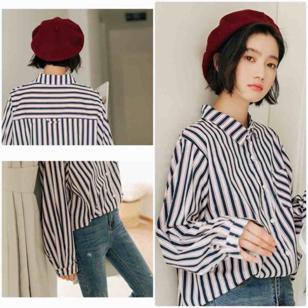 レディース　ブラウス　ストライプ柄　長袖　ゆったり　オーバーサイズ　トップス　カジュアル　キュート　可愛い　フェミニン　きれいめ　上品　エレガント　おしゃれ　お出かけ　オフィス　デート　デイリー　ネイビー　レッド　フリーサイズ　ワンサイズ　送料無料