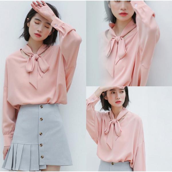 レディース　ブラウス　首元リボン　長袖　ゆったり　シンプル　トップス　カジュアル　キュート　可愛い　フェミニン　きれいめ　上品　エレガント　おしゃれ　お出かけ　オフィス　デート　デイリー　ピンク　フリーサイズ　ワンサイズ　送料無料
