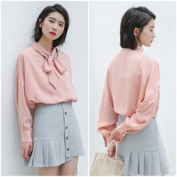 レディース　ブラウス　首元リボン　長袖　ゆったり　シンプル　トップス　カジュアル　キュート　可愛い　フェミニン　きれいめ　上品　エレガント　おしゃれ　お出かけ　オフィス　デート　デイリー　ピンク　フリーサイズ　ワンサイズ　送料無料