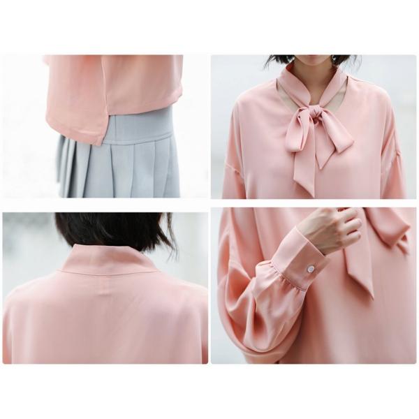 レディース　ブラウス　首元リボン　長袖　ゆったり　シンプル　トップス　カジュアル　キュート　可愛い　フェミニン　きれいめ　上品　エレガント　おしゃれ　お出かけ　オフィス　デート　デイリー　ピンク　フリーサイズ　ワンサイズ　送料無料
