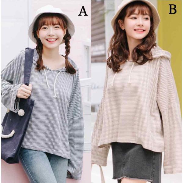 レディース　フード付き　ボーダー　Tシャツ　薄手　ゆったり　オーバーサイズ　長袖　ボーダー　ロングTシャツ　ロンT　トップス　カジュアル　キュート　大人　可愛い　フェミニン　おしゃれ　お出かけ　普段着　デイリー　ネイビー　ブラウン　フリーサイズ　送料無料