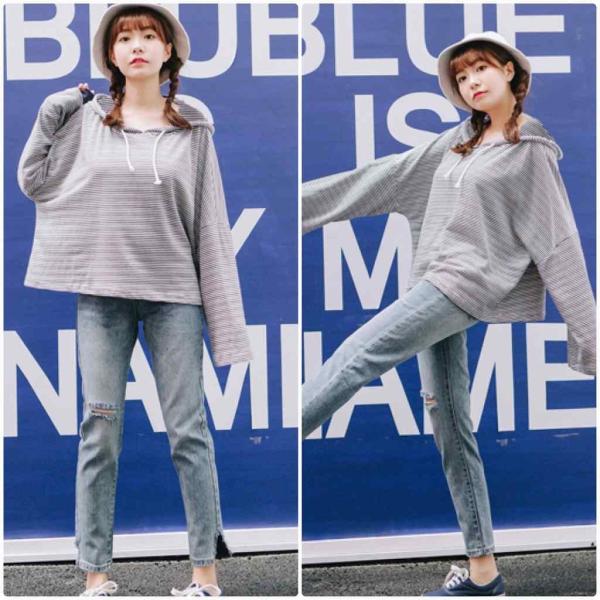 レディース　フード付き　ボーダー　Tシャツ　薄手　ゆったり　オーバーサイズ　長袖　ボーダー　ロングTシャツ　ロンT　トップス　カジュアル　キュート　大人　可愛い　フェミニン　おしゃれ　お出かけ　普段着　デイリー　ネイビー　ブラウン　フリーサイズ　送料無料