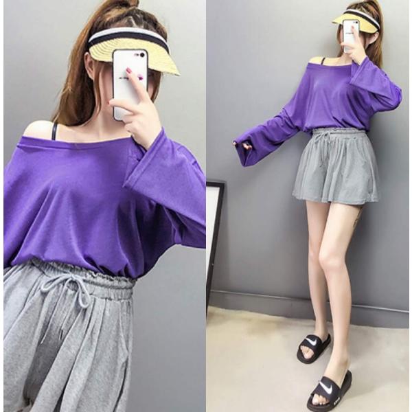 レディース　上下2点セット　ロングTシャツ　長袖　ショートパンツ　短パン　カジュアル　キュート　可愛い　フェミニン　きれいめ　上品　エレガント　おしゃれ　お出かけ　デイリー　お呼ばれ　大きいサイズ　パープル×グレー　フリーサイズ　送料無料