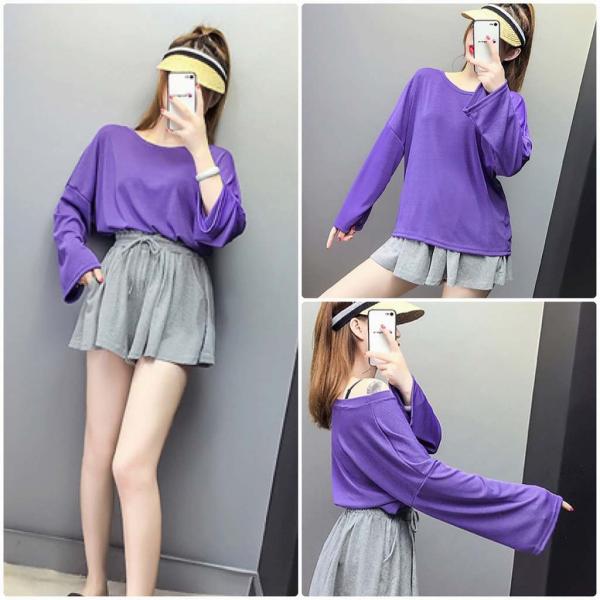 レディース　上下2点セット　ロングTシャツ　長袖　ショートパンツ　短パン　カジュアル　キュート　可愛い　フェミニン　きれいめ　上品　エレガント　おしゃれ　お出かけ　デイリー　お呼ばれ　大きいサイズ　パープル×グレー　フリーサイズ　送料無料