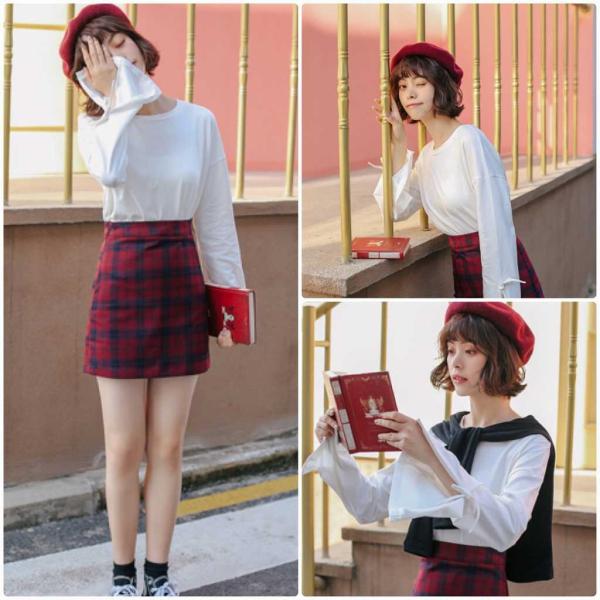 レディース　Tシャツ　フレアスリーブ　長袖　無地　シンプル　ボーダー　ロングTシャツ　ロンT　トップス　カジュアル　キュート　大人　可愛い　フェミニン　おしゃれ　お出かけ　普段着　デイリー　レッド　カーキ　ホワイト　フリーサイズ　送料無料