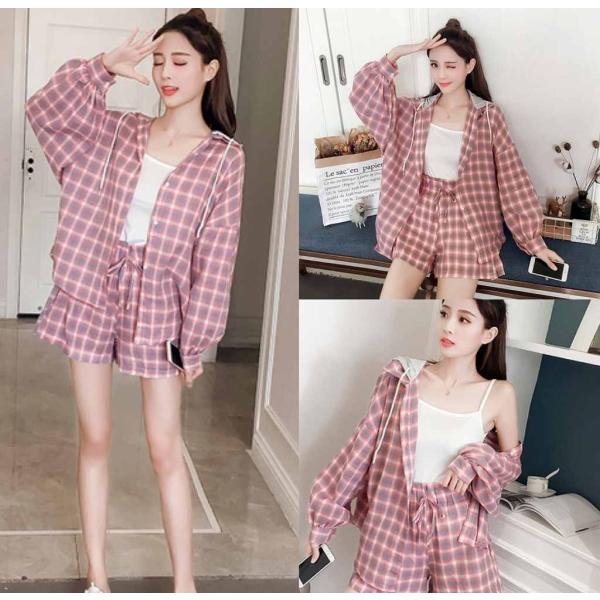 レディース　上下2点セット　フード付き　シャツ　チェック柄　長袖　ショートパンツ　短パン　ゆったり　オーバーサイズ　カジュアル　キュート　可愛い　フェミニン　きれいめ　上品　エレガント　おしゃれ　お出かけ　デイリー　ピンク　フリーサイズ　送料無料