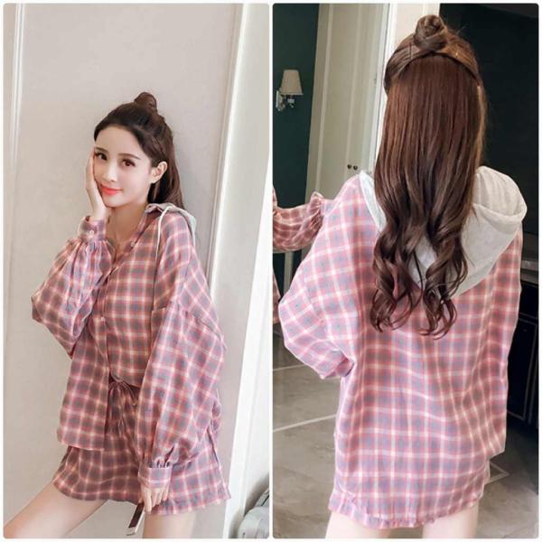 レディース　上下2点セット　フード付き　シャツ　チェック柄　長袖　ショートパンツ　短パン　ゆったり　オーバーサイズ　カジュアル　キュート　可愛い　フェミニン　きれいめ　上品　エレガント　おしゃれ　お出かけ　デイリー　ピンク　フリーサイズ　送料無料