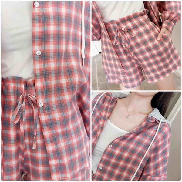 レディース　上下2点セット　フード付き　シャツ　チェック柄　長袖　ショートパンツ　短パン　ゆったり　オーバーサイズ　カジュアル　キュート　可愛い　フェミニン　きれいめ　上品　エレガント　おしゃれ　お出かけ　デイリー　ピンク　フリーサイズ　送料無料
