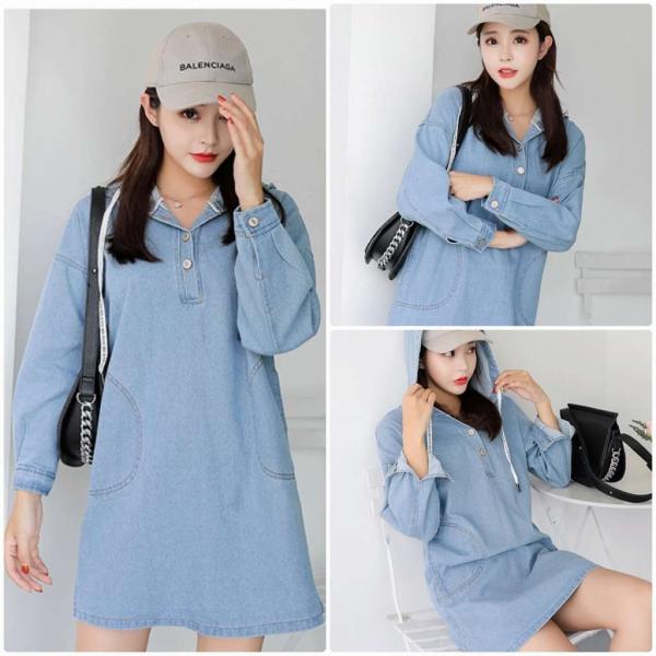 レディース　フード付き　デニム　ワンピース　ミニ丈　ボタン　長袖　秋　冬　カジュアル　キュート　可愛い　フェミニン　きれいめ　上品　エレガント　おしゃれ　お出かけ　お呼ばれ　ブルー　S　M　L　サイズ　送料無料