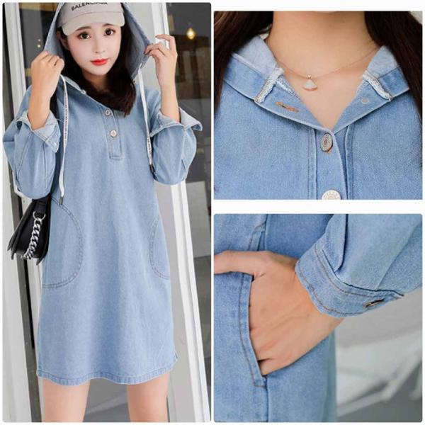 レディース　フード付き　デニム　ワンピース　ミニ丈　ボタン　長袖　秋　冬　カジュアル　キュート　可愛い　フェミニン　きれいめ　上品　エレガント　おしゃれ　お出かけ　お呼ばれ　ブルー　S　M　L　サイズ　送料無料