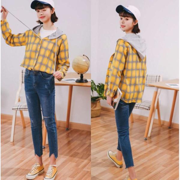 レディース　ブラウス　フード付き　シャツ　シャツジャケット　JKT　長袖　チェック柄　トップス　カジュアル　キュート　可愛い　フェミニン　きれいめ　上品　エレガント　おしゃれ　お出かけ　オフィス　デート　デイリー　イエロー　S　M　L　サイズ　送料無料
