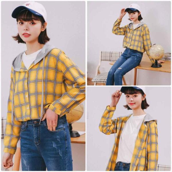 レディース　ブラウス　フード付き　シャツ　シャツジャケット　JKT　長袖　チェック柄　トップス　カジュアル　キュート　可愛い　フェミニン　きれいめ　上品　エレガント　おしゃれ　お出かけ　オフィス　デート　デイリー　イエロー　S　M　L　サイズ　送料無料