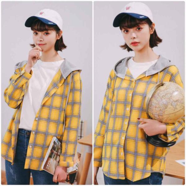 レディース　ブラウス　フード付き　シャツ　シャツジャケット　JKT　長袖　チェック柄　トップス　カジュアル　キュート　可愛い　フェミニン　きれいめ　上品　エレガント　おしゃれ　お出かけ　オフィス　デート　デイリー　イエロー　S　M　L　サイズ　送料無料