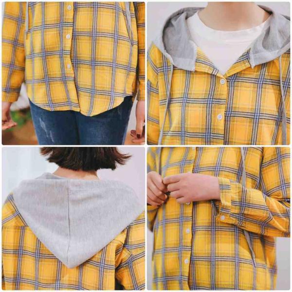 レディース　ブラウス　フード付き　シャツ　シャツジャケット　JKT　長袖　チェック柄　トップス　カジュアル　キュート　可愛い　フェミニン　きれいめ　上品　エレガント　おしゃれ　お出かけ　オフィス　デート　デイリー　イエロー　S　M　L　サイズ　送料無料