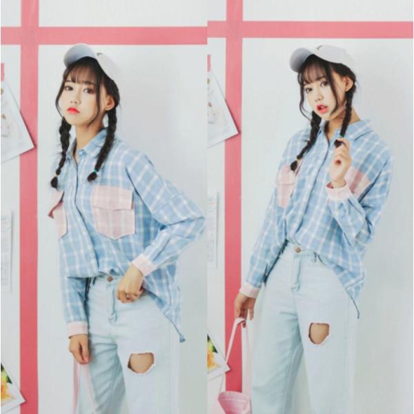 レディース　ブラウス　シャツ　長袖　チェック柄　ゆったり　オーバーサイズ　トップス　カジュアル　キュート　可愛い　フェミニン　きれいめ　上品　エレガント　おしゃれ　お出かけ　オフィス　デート　デイリー　ブルー　フリーサイズ　ワンサイズ　送料無料