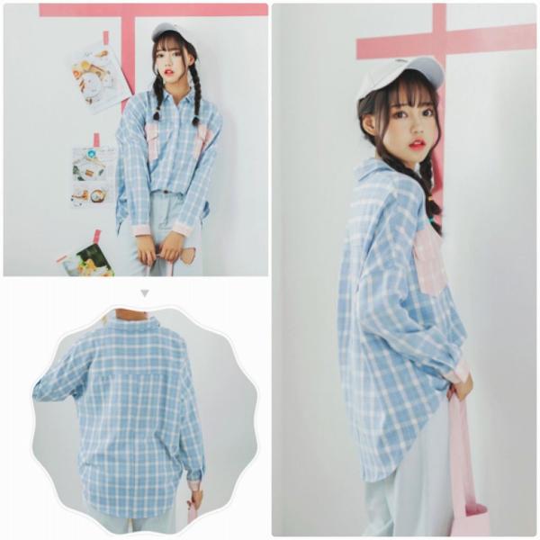 レディース　ブラウス　シャツ　長袖　チェック柄　ゆったり　オーバーサイズ　トップス　カジュアル　キュート　可愛い　フェミニン　きれいめ　上品　エレガント　おしゃれ　お出かけ　オフィス　デート　デイリー　ブルー　フリーサイズ　ワンサイズ　送料無料