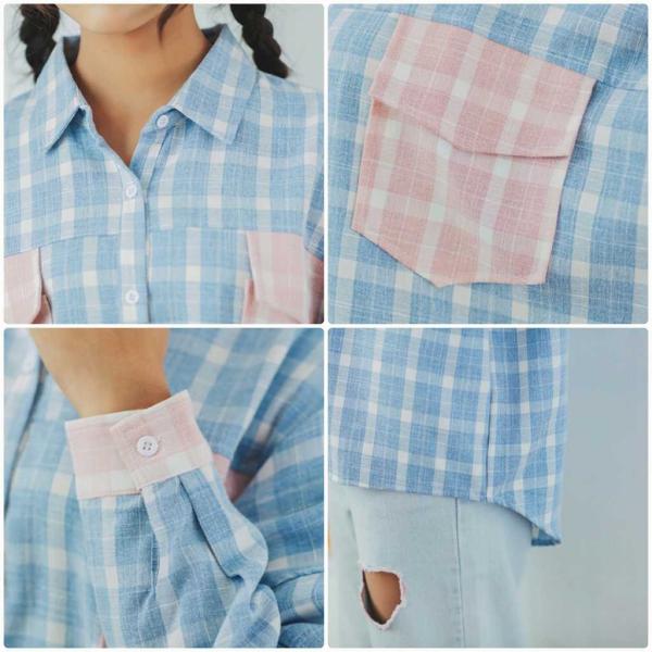 レディース　ブラウス　シャツ　長袖　チェック柄　ゆったり　オーバーサイズ　トップス　カジュアル　キュート　可愛い　フェミニン　きれいめ　上品　エレガント　おしゃれ　お出かけ　オフィス　デート　デイリー　ブルー　フリーサイズ　ワンサイズ　送料無料