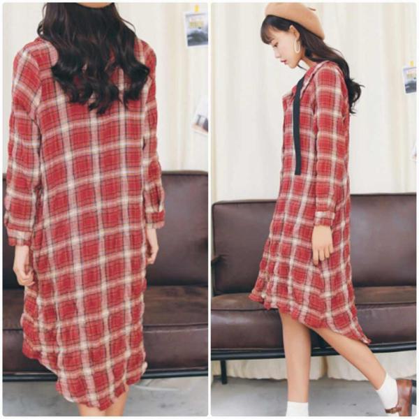レディース　ワンピース　シャツワンピ　ミディ丈　ミモレ丈　長袖　秋　冬　カジュアル　キュート　可愛い　フェミニン　きれいめ　上品　エレガント　おしゃれ　お出かけ　お呼ばれ　レッド　ネイビー　S　M　L　サイズ　送料無料