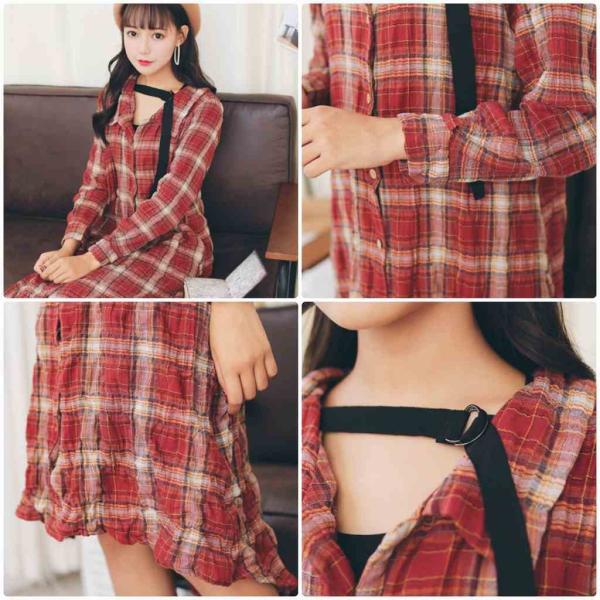 レディース　ワンピース　シャツワンピ　ミディ丈　ミモレ丈　長袖　秋　冬　カジュアル　キュート　可愛い　フェミニン　きれいめ　上品　エレガント　おしゃれ　お出かけ　お呼ばれ　レッド　ネイビー　S　M　L　サイズ　送料無料