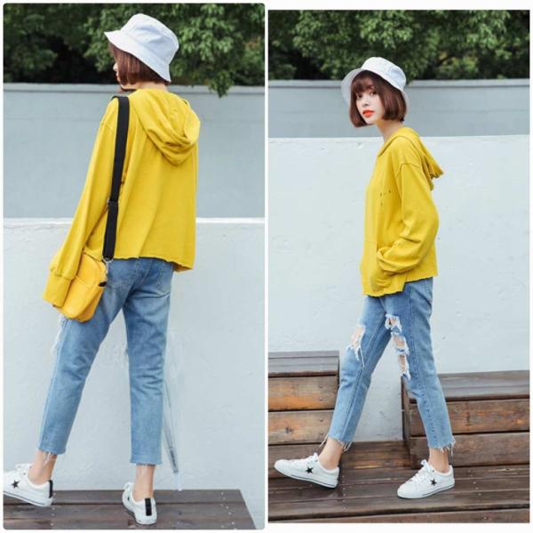 レディース　パーカー　フード付き　スウェット　ダメージ加工　クラッシュ加工　無地　シンプル　プルオーバー　長袖　トレーナー　トップス　カジュアル　キュート　大人　可愛い　フェミニン　おしゃれ　デイリー　普段着　イエロー　グリーン　フリーサイズ　送料無料