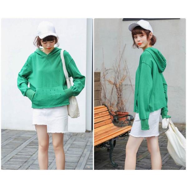レディース　パーカー　フード付き　スウェット　ダメージ加工　クラッシュ加工　無地　シンプル　プルオーバー　長袖　トレーナー　トップス　カジュアル　キュート　大人　可愛い　フェミニン　おしゃれ　デイリー　普段着　イエロー　グリーン　フリーサイズ　送料無料