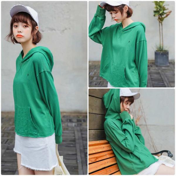 レディース　パーカー　フード付き　スウェット　ダメージ加工　クラッシュ加工　無地　シンプル　プルオーバー　長袖　トレーナー　トップス　カジュアル　キュート　大人　可愛い　フェミニン　おしゃれ　デイリー　普段着　イエロー　グリーン　フリーサイズ　送料無料