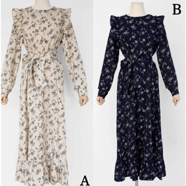 レディース　ワンピース　花柄　ボタニカル柄　ミモレ丈　長袖　フレア　フリル　秋　冬　カジュアル　キュート　可愛い　フェミニン　きれいめ　上品　エレガント　おしゃれ　お出かけ　お呼ばれ　ベージュ　ネイビー　フリーサイズ　ワンサイズ　送料無料