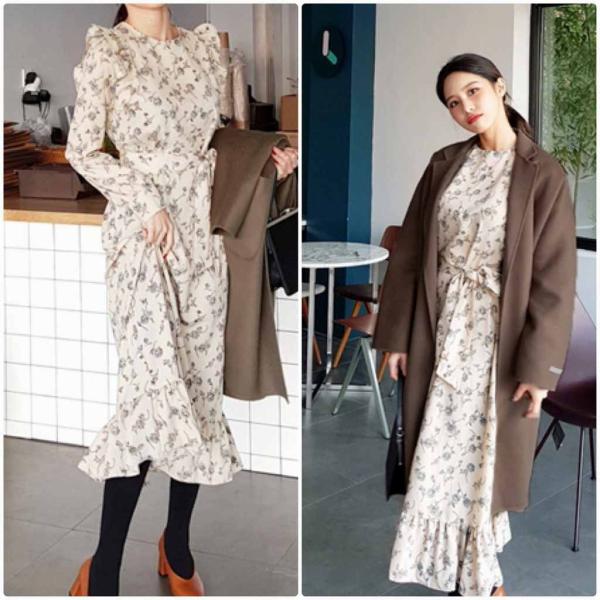 レディース　ワンピース　花柄　ボタニカル柄　ミモレ丈　長袖　フレア　フリル　秋　冬　カジュアル　キュート　可愛い　フェミニン　きれいめ　上品　エレガント　おしゃれ　お出かけ　お呼ばれ　ベージュ　ネイビー　フリーサイズ　ワンサイズ　送料無料