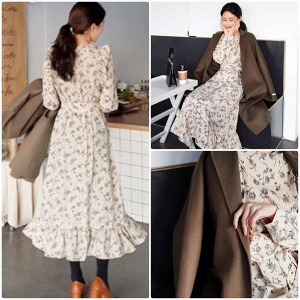 レディース　ワンピース　花柄　ボタニカル柄　ミモレ丈　長袖　フレア　フリル　秋　冬　カジュアル　キュート　可愛い　フェミニン　きれいめ　上品　エレガント　おしゃれ　お出かけ　お呼ばれ　ベージュ　ネイビー　フリーサイズ　ワンサイズ　送料無料