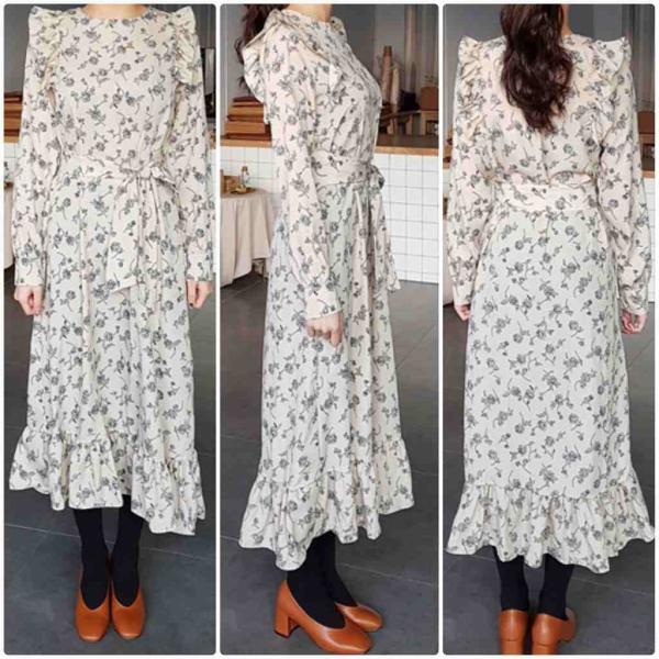 レディース　ワンピース　花柄　ボタニカル柄　ミモレ丈　長袖　フレア　フリル　秋　冬　カジュアル　キュート　可愛い　フェミニン　きれいめ　上品　エレガント　おしゃれ　お出かけ　お呼ばれ　ベージュ　ネイビー　フリーサイズ　ワンサイズ　送料無料