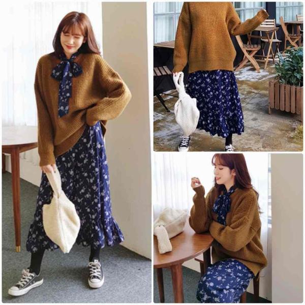 レディース　ワンピース　花柄　ボタニカル柄　ミモレ丈　長袖　フレア　フリル　秋　冬　カジュアル　キュート　可愛い　フェミニン　きれいめ　上品　エレガント　おしゃれ　お出かけ　お呼ばれ　ベージュ　ネイビー　フリーサイズ　ワンサイズ　送料無料