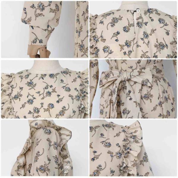 レディース　ワンピース　花柄　ボタニカル柄　ミモレ丈　長袖　フレア　フリル　秋　冬　カジュアル　キュート　可愛い　フェミニン　きれいめ　上品　エレガント　おしゃれ　お出かけ　お呼ばれ　ベージュ　ネイビー　フリーサイズ　ワンサイズ　送料無料