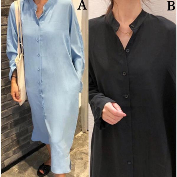 レディース　ワンピース　シャツワンピ　無地　シンプル　ミモレ丈　スリット　長袖　秋　冬　カジュアル　キュート　可愛い　フェミニン　きれいめ　上品　エレガント　おしゃれ　お出かけ　お呼ばれ　ブラック　ブルー　フリーサイズ　ワンサイズ　送料無料