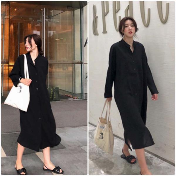 レディース　ワンピース　シャツワンピ　無地　シンプル　ミモレ丈　スリット　長袖　秋　冬　カジュアル　キュート　可愛い　フェミニン　きれいめ　上品　エレガント　おしゃれ　お出かけ　お呼ばれ　ブラック　ブルー　フリーサイズ　ワンサイズ　送料無料