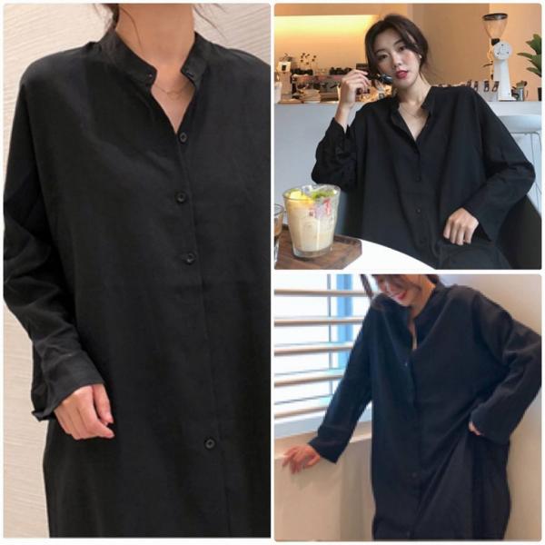 レディース　ワンピース　シャツワンピ　無地　シンプル　ミモレ丈　スリット　長袖　秋　冬　カジュアル　キュート　可愛い　フェミニン　きれいめ　上品　エレガント　おしゃれ　お出かけ　お呼ばれ　ブラック　ブルー　フリーサイズ　ワンサイズ　送料無料